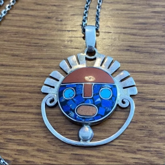 Vintage Jewelry - 950 Silver Aztec face mask Pendant+sterling chain